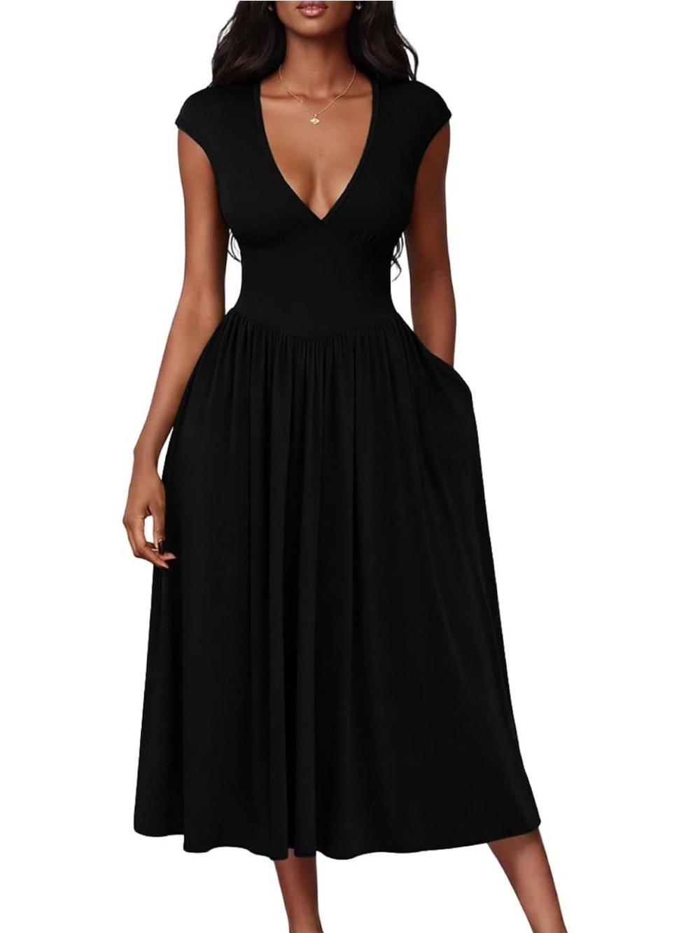 Amazon Black V‑Neck Cap Sleeve Midi Dress